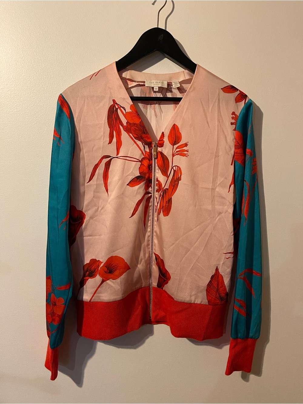 Ted Baker Cortnee Floral Satin Zip Bomber Jacket Pink Orange Teal 2 M
